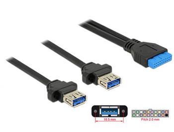 Delock Kabel USB 3.0 pin konektor samice 2,00 mm 19 pin > 2 x USB 3.0 Typ-A samice panel pro montáž 80 cm