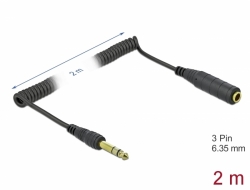 Delock Kroucený prodlužovací kabel 6,35 mm, 3 pinový, stereo zástrčkový konektor na stereo zásuvkový konektor, 2 m, čern