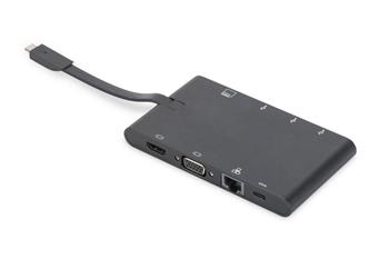 Digirus Univerzální cestovní dokovací stanice, USB 3.1 Type C, 4K, HDMI, VGA, 2x USB-C, 2x USB3.0, RJ45, MicroSD, SD / MMC, černá