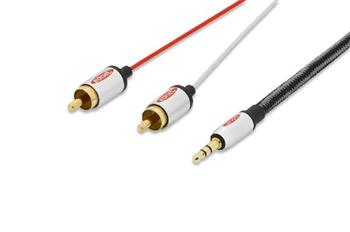 Ednet Audio propojovací kabel, stereo 3,5 mm samec -2x RCA samec, 2,5 m, CCS, stíněný, bavlna, zlato, sstříbrná/černá/červená