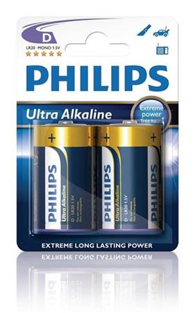 Philips baterie D ExtremeLife+, alkalická - 2ks